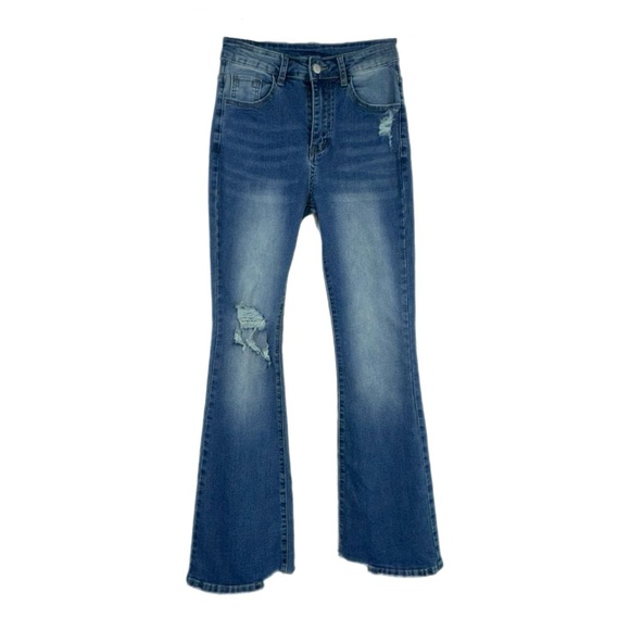 Women’s Distressed High Rise Flare Leg Stretch Denim Jeans - Picture 1 of 7